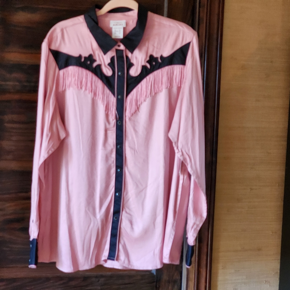 Relist Soon ARIAT Pink and Black Western Fringe Shirt Size XXL Snap Western Yoke - Picture 4 of 7